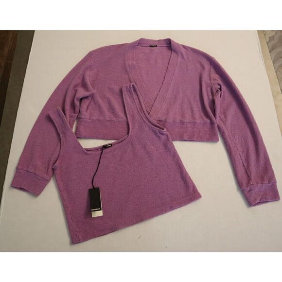Monrow Women Sz S Purple French Terry Tank Top & L/S Cropped Shirt 2-Pc Set - Picture 1 of 9
